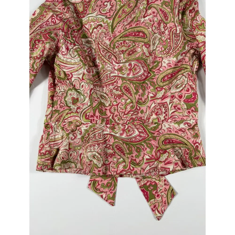 Jones New York Signature Pink Green Paisley Tie Front Cotton Blouse Size Small